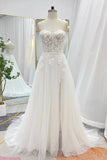 Ivory Strapless Lace Tulle Wedding Dress with Slit, Chapel Train & Sweetheart Neckline - MQ037