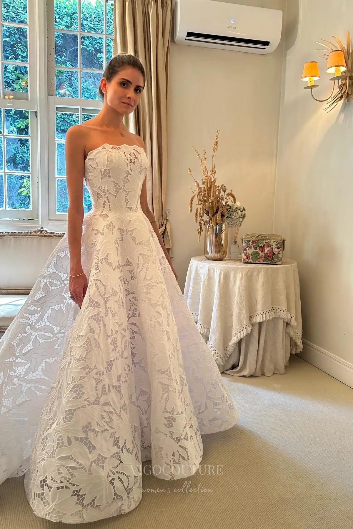 Ivory Strapless Lace Wedding Dress with Leaf Pattern Embroidery and Chapel Train – W2327