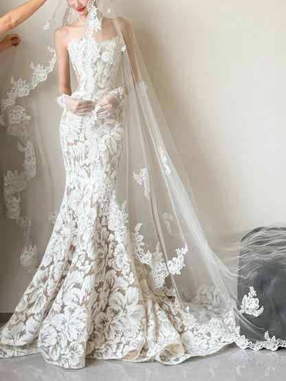 Ivory Strapless Lace Mermaid Wedding Dress with Veil RD034 Ivory / US16 Ivory Strapless Lace Mermaid Wedding Dress with Veil RD034 Ivory / US16