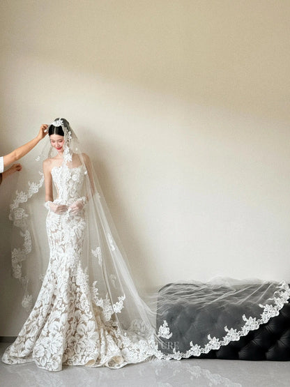Ivory Strapless Lace Mermaid Wedding Dress with Veil RD034 Ivory / US16 Ivory Strapless Lace Mermaid Wedding Dress with Veil RD034 Ivory / US16