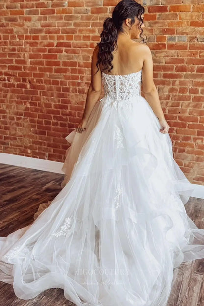 Wedding Dresses 2025 to impress Ivory Strapless Ruffle Tulle Wedding Dress with Lace Appliqué Bodice, Sheer Cutout, High Slit & Chapel Train – W2253-vigocouture-vigocouture