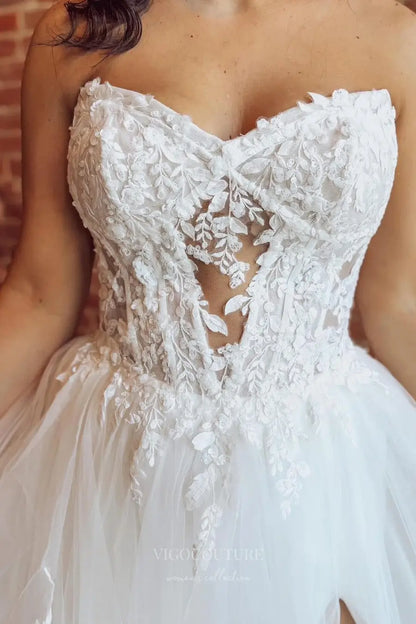 Wedding Dresses 2025 to impress Ivory Strapless Ruffle Tulle Wedding Dress with Lace Appliqué Bodice, Sheer Cutout, High Slit & Chapel Train – W2253-vigocouture-vigocouture
