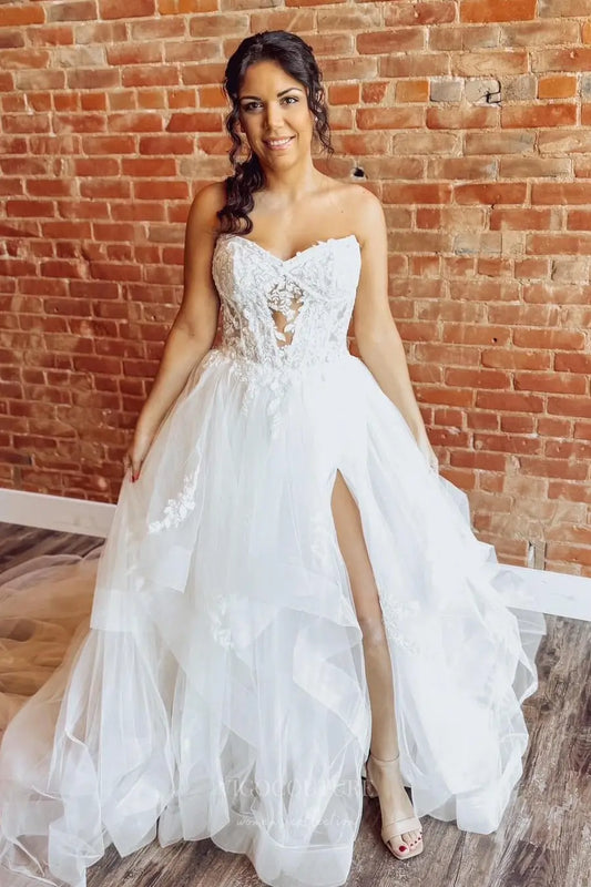 Ivory Strapless Ruffle Tulle Wedding Dress with Lace Appliqué Bodice, Sheer Cutout, High Slit & Chapel Train – W2253