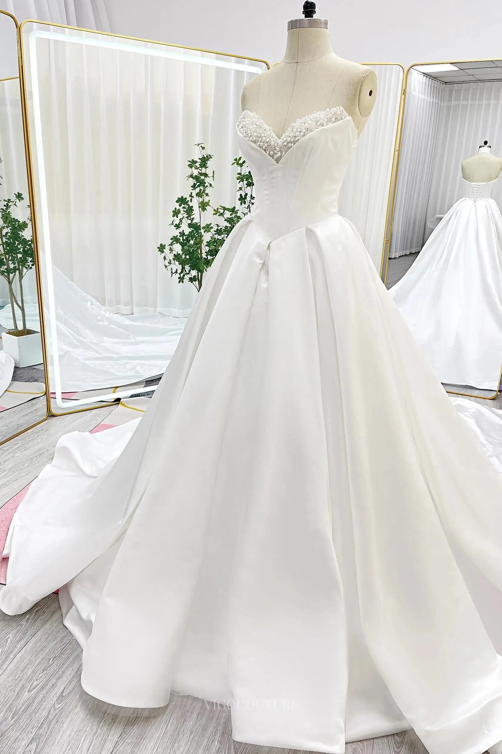 Wedding Dresses 2025 to impress Ivory Strapless Satin Wedding Dresses with Beaded Sweetheart Neckline & Chapel Train - MQ030S-vigocouture-vigocouture