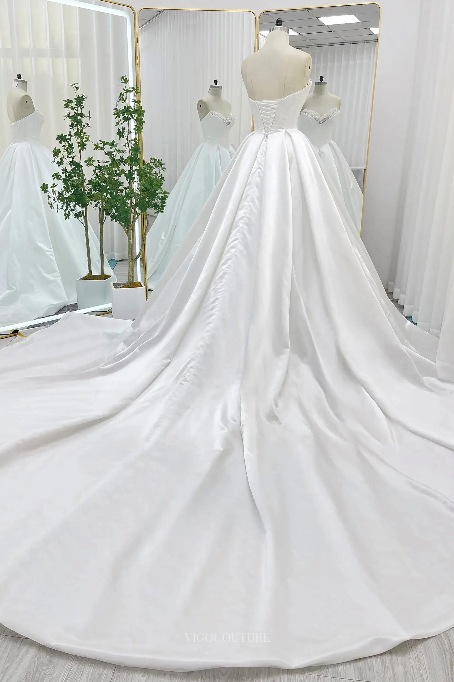 Wedding Dresses 2025 to impress Ivory Strapless Satin Wedding Dresses with Beaded Sweetheart Neckline & Chapel Train - MQ030S-vigocouture-vigocouture