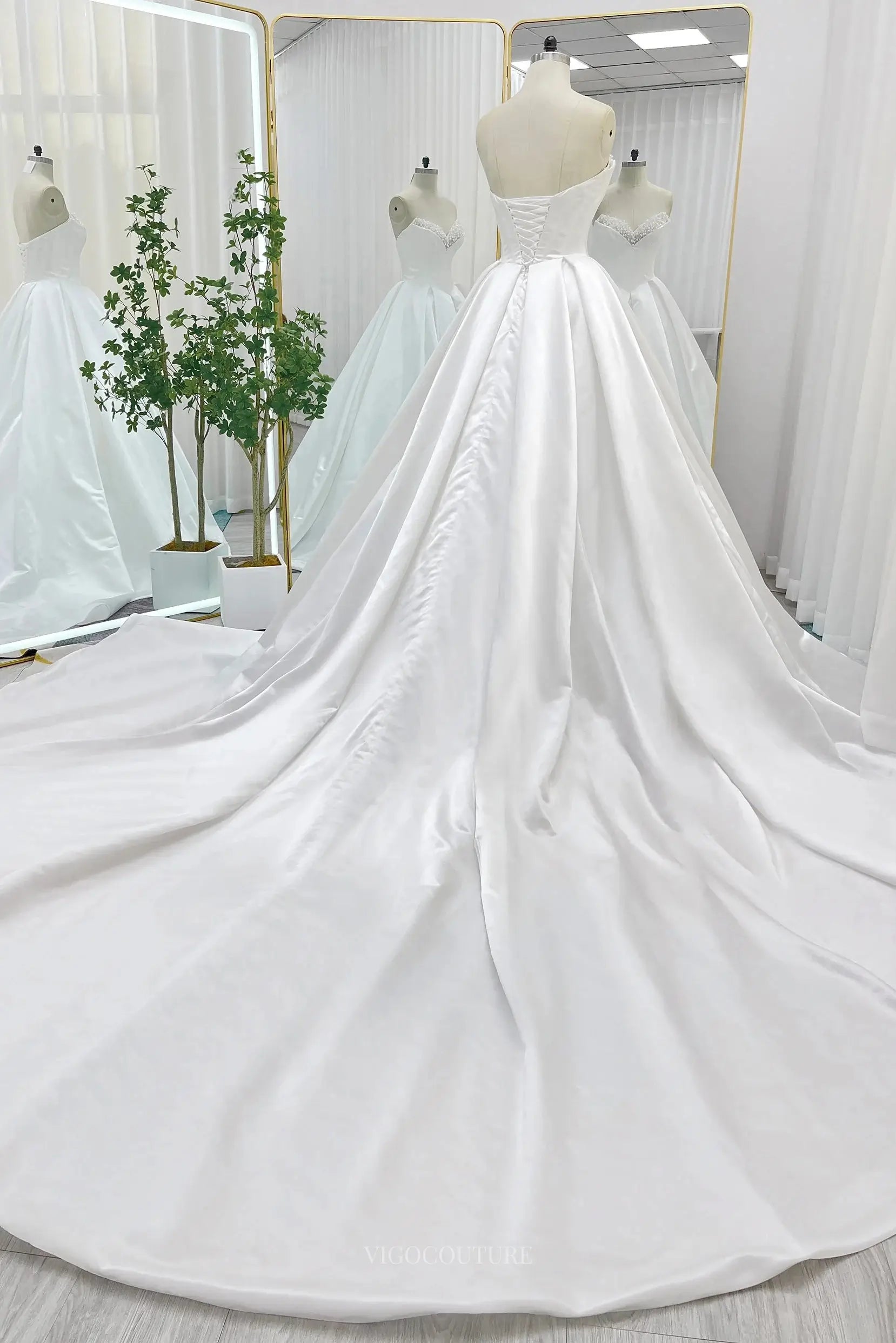 Wedding Dresses 2025 to impress Ivory Strapless Satin Wedding Dresses with Beaded Sweetheart Neckline & Chapel Train - MQ030S-vigocouture-vigocouture