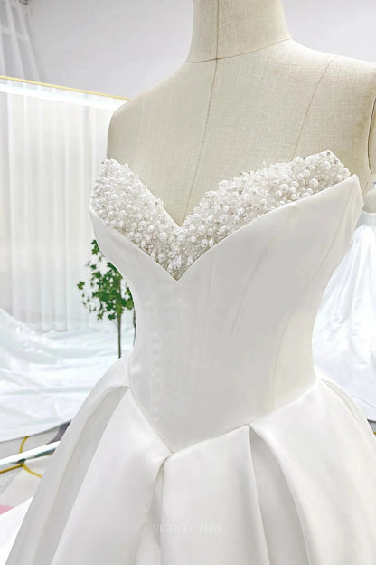 Wedding Dresses 2025 to impress Ivory Strapless Satin Wedding Dresses with Beaded Sweetheart Neckline & Chapel Train - MQ030S-vigocouture-vigocouture