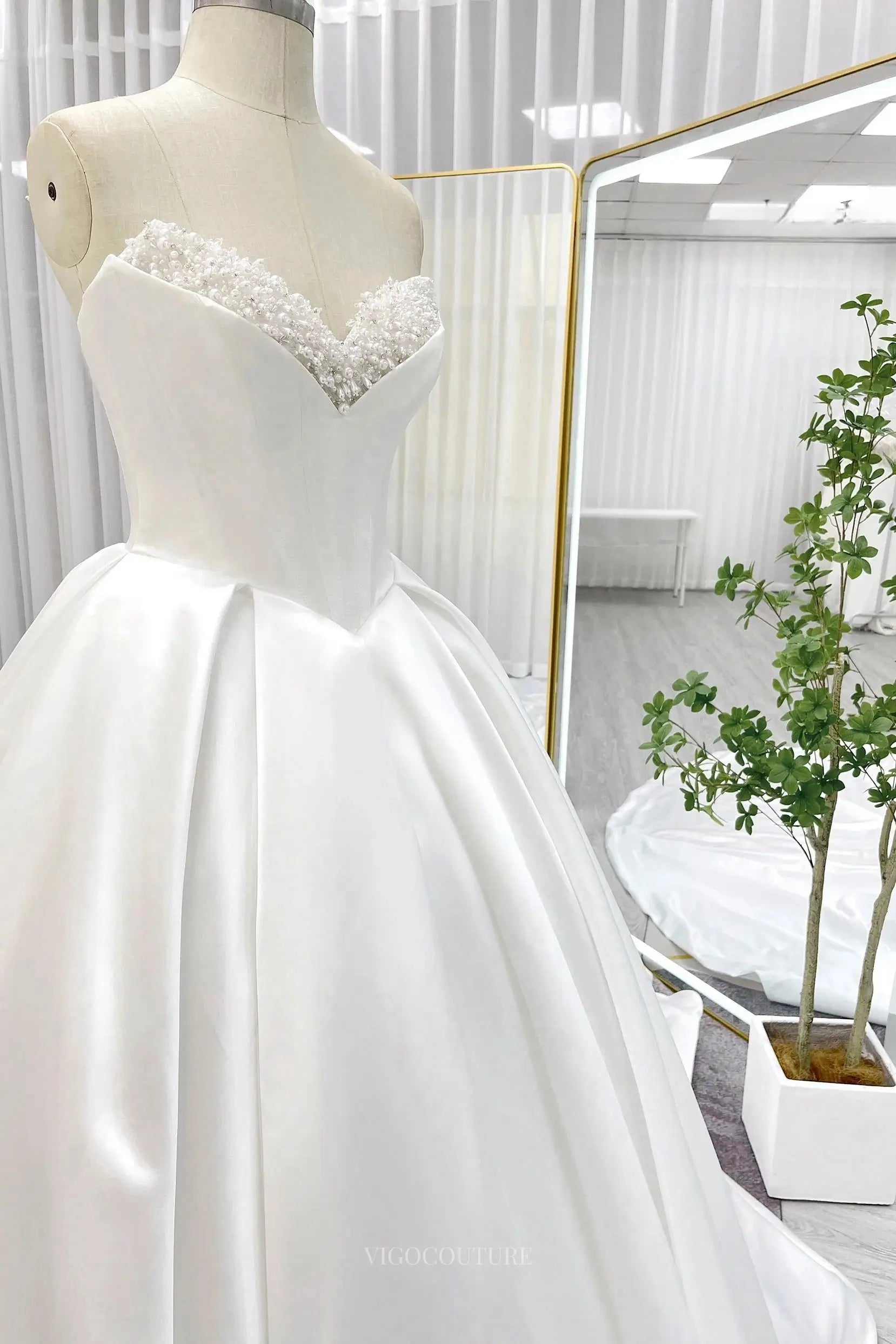 Wedding Dresses 2025 to impress Ivory Strapless Satin Wedding Dresses with Beaded Sweetheart Neckline & Chapel Train - MQ030S-vigocouture-vigocouture