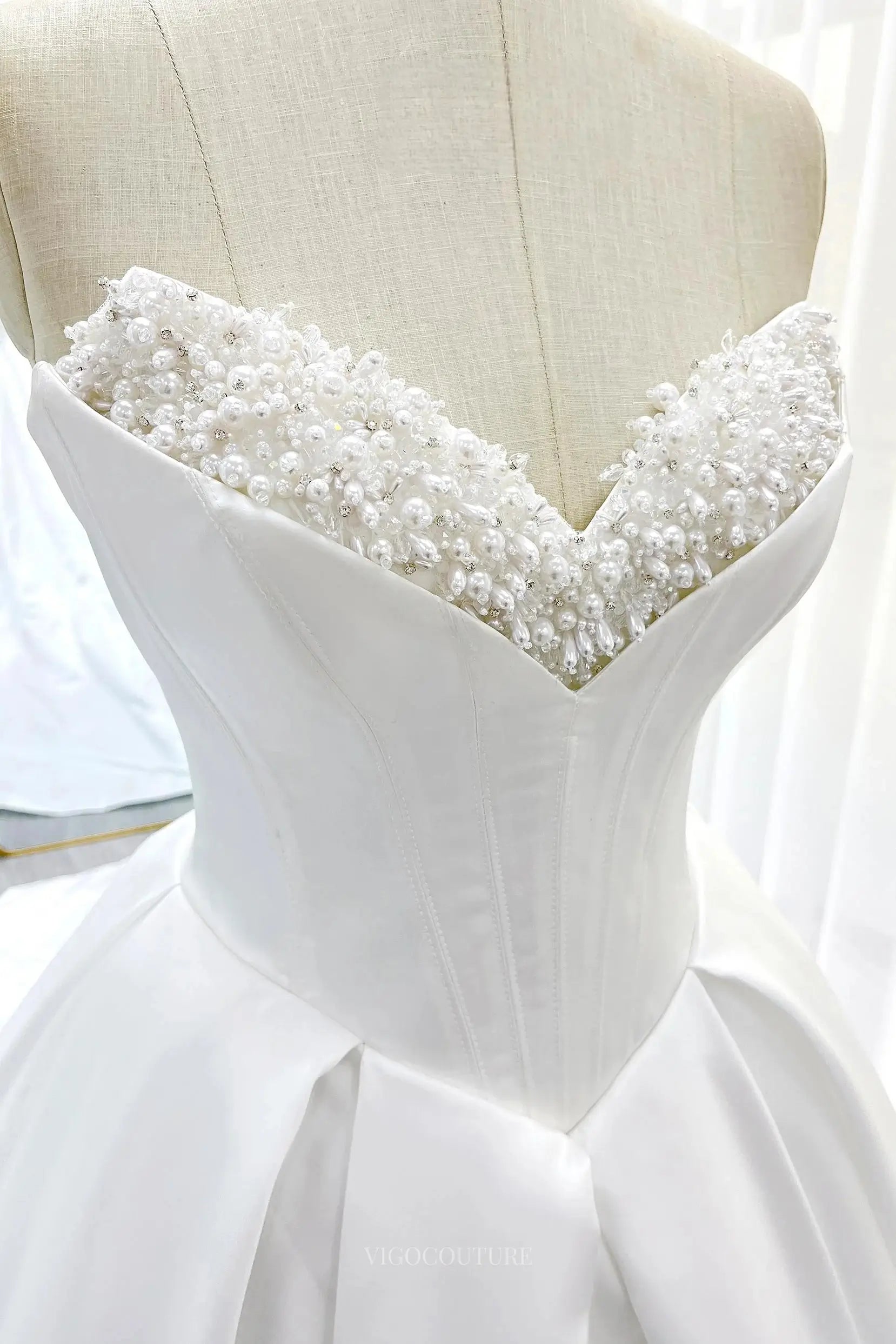 Wedding Dresses 2025 to impress Ivory Strapless Satin Wedding Dresses with Beaded Sweetheart Neckline & Chapel Train - MQ030S-vigocouture-vigocouture