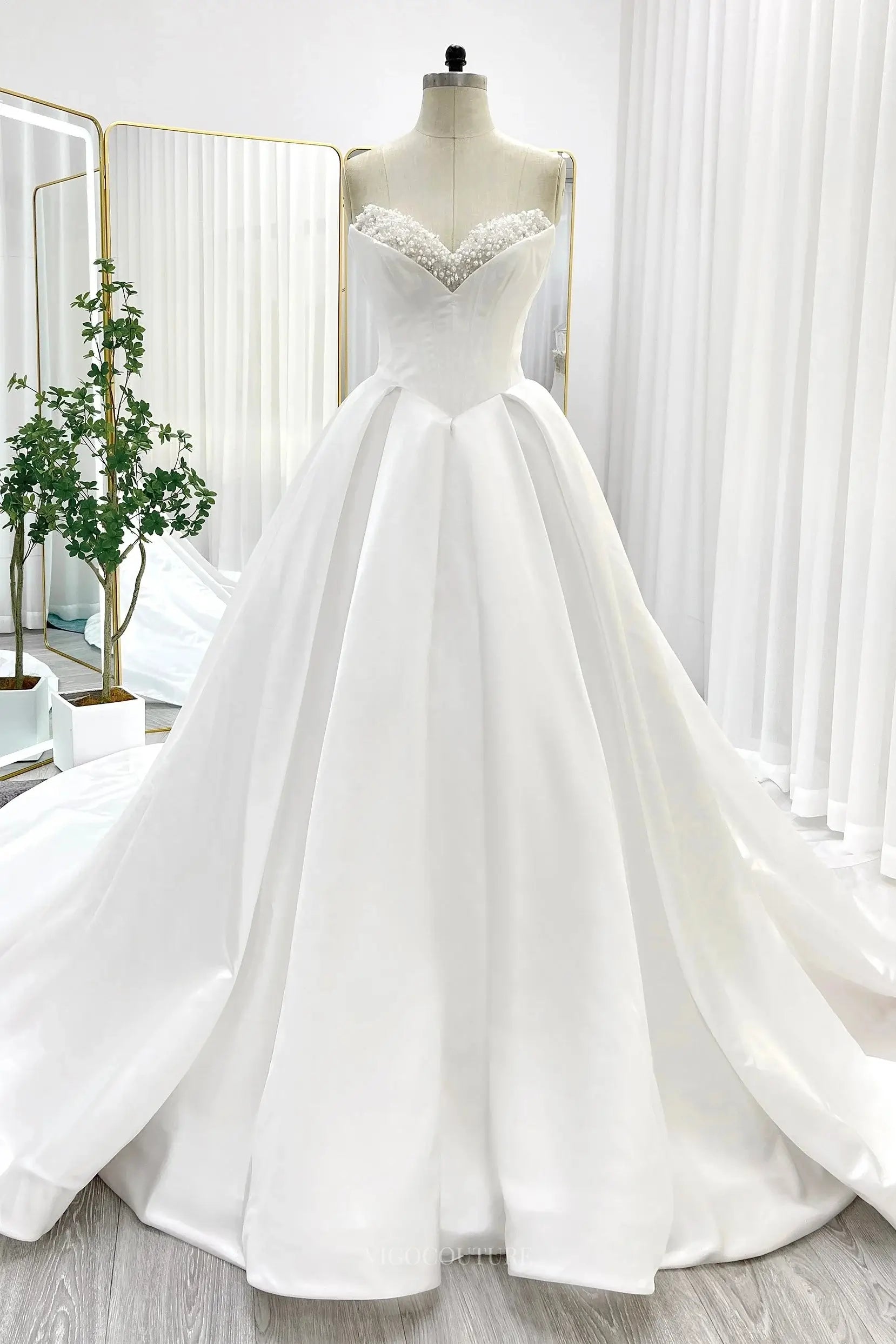 Wedding Dresses 2025 to impress Ivory Strapless Satin Wedding Dresses with Beaded Sweetheart Neckline & Chapel Train - MQ030S-vigocouture-vigocouture