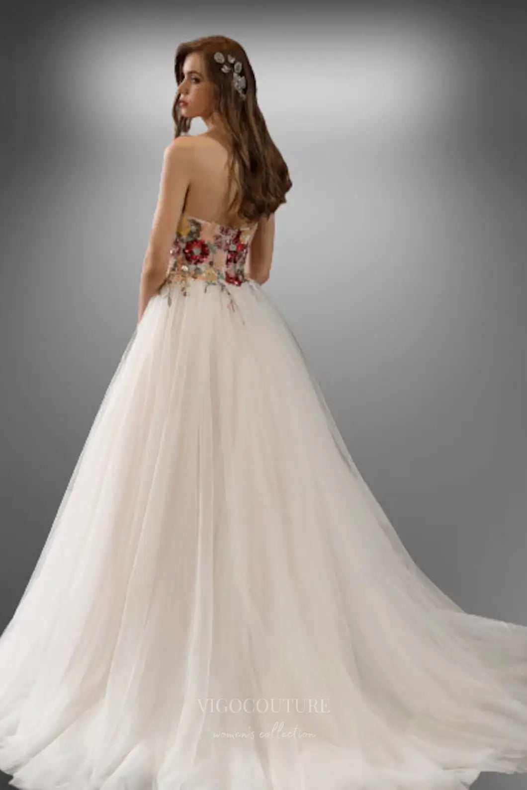 Wedding Dresses 2025 to impress Ivory Strapless Tulle Wedding Dress with Sequin Floral Embroidery and A-Line Skirt – W2223-vigocouture-vigocouture