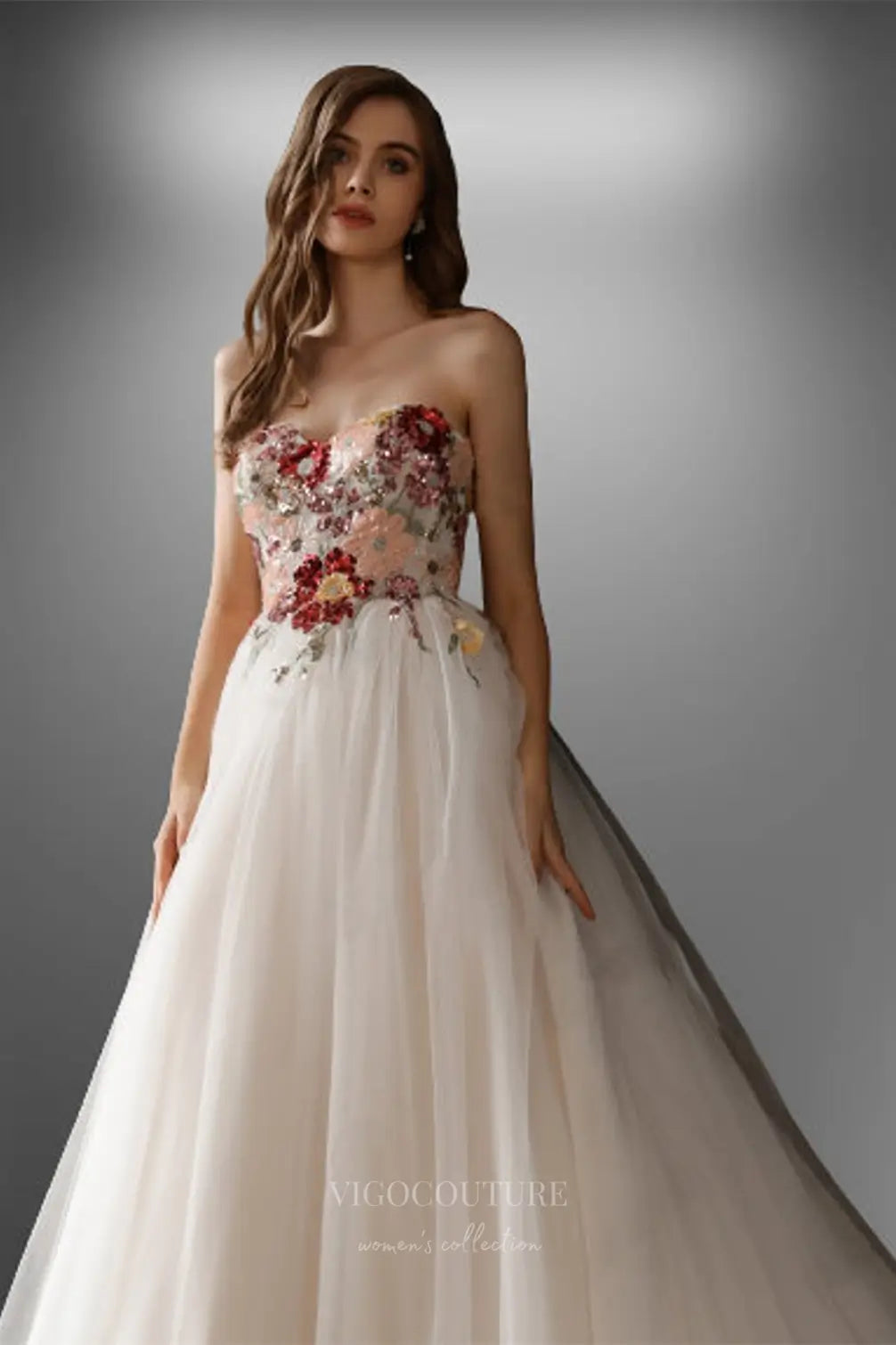 Wedding Dresses 2025 to impress Ivory Strapless Tulle Wedding Dress with Sequin Floral Embroidery and A-Line Skirt – W2223-vigocouture-vigocouture