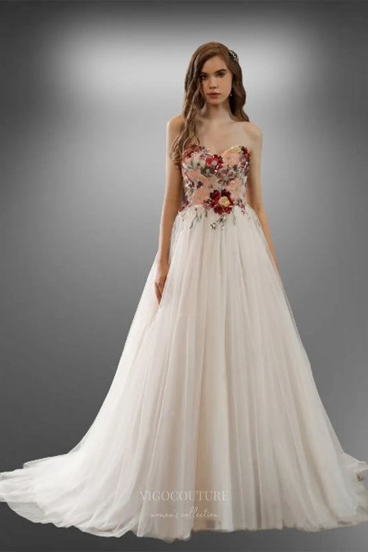 Wedding Dresses 2025 to impress Ivory Strapless Tulle Wedding Dress with Sequin Floral Embroidery and A-Line Skirt – W2223-vigocouture-vigocouture