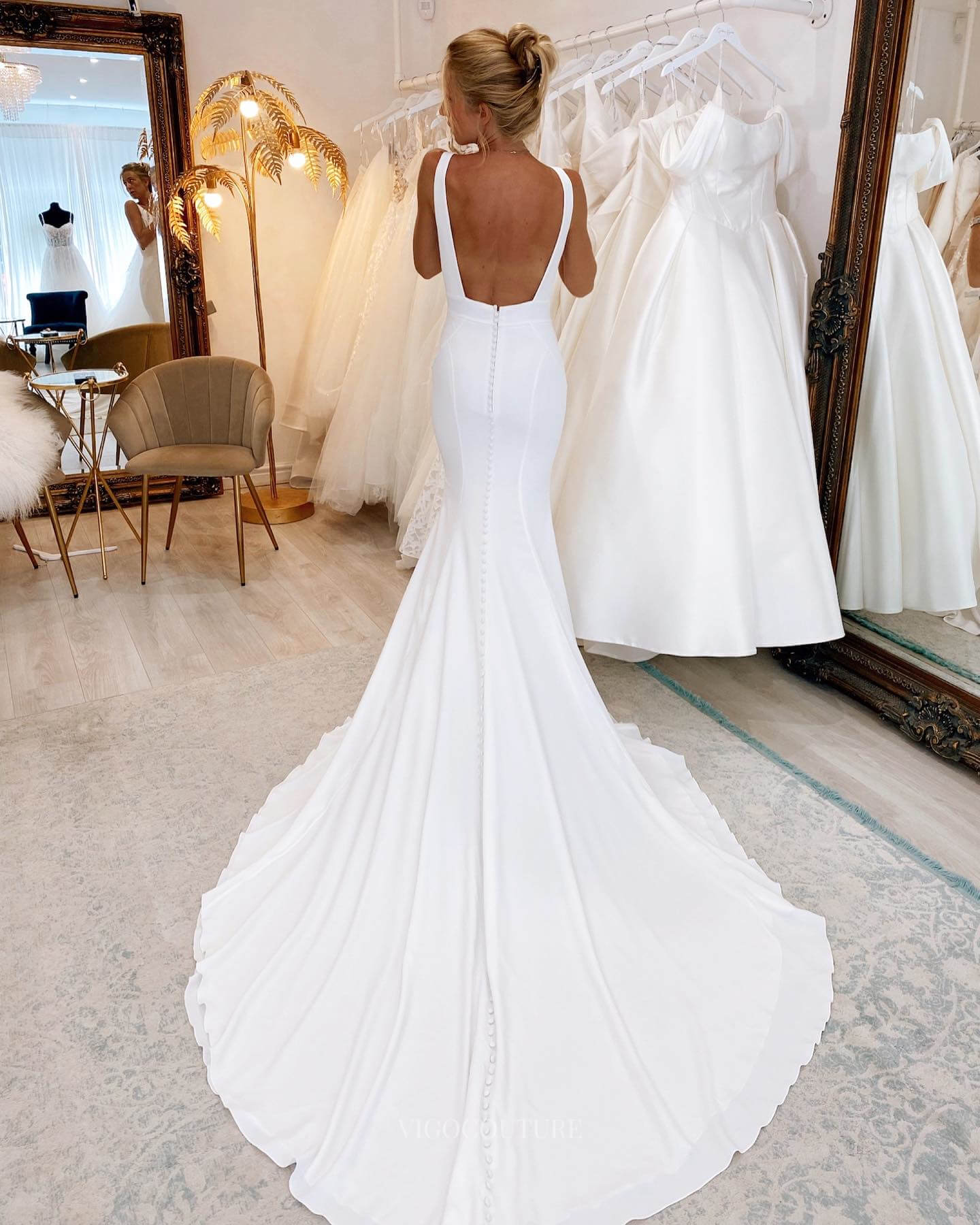 Ivory V-Neck Mermaid Satin Wedding Dress with Chapel Train Open Back Bridal Gown W0119-Wedding Dresses-vigocouture-Ivory-US2-vigocouture