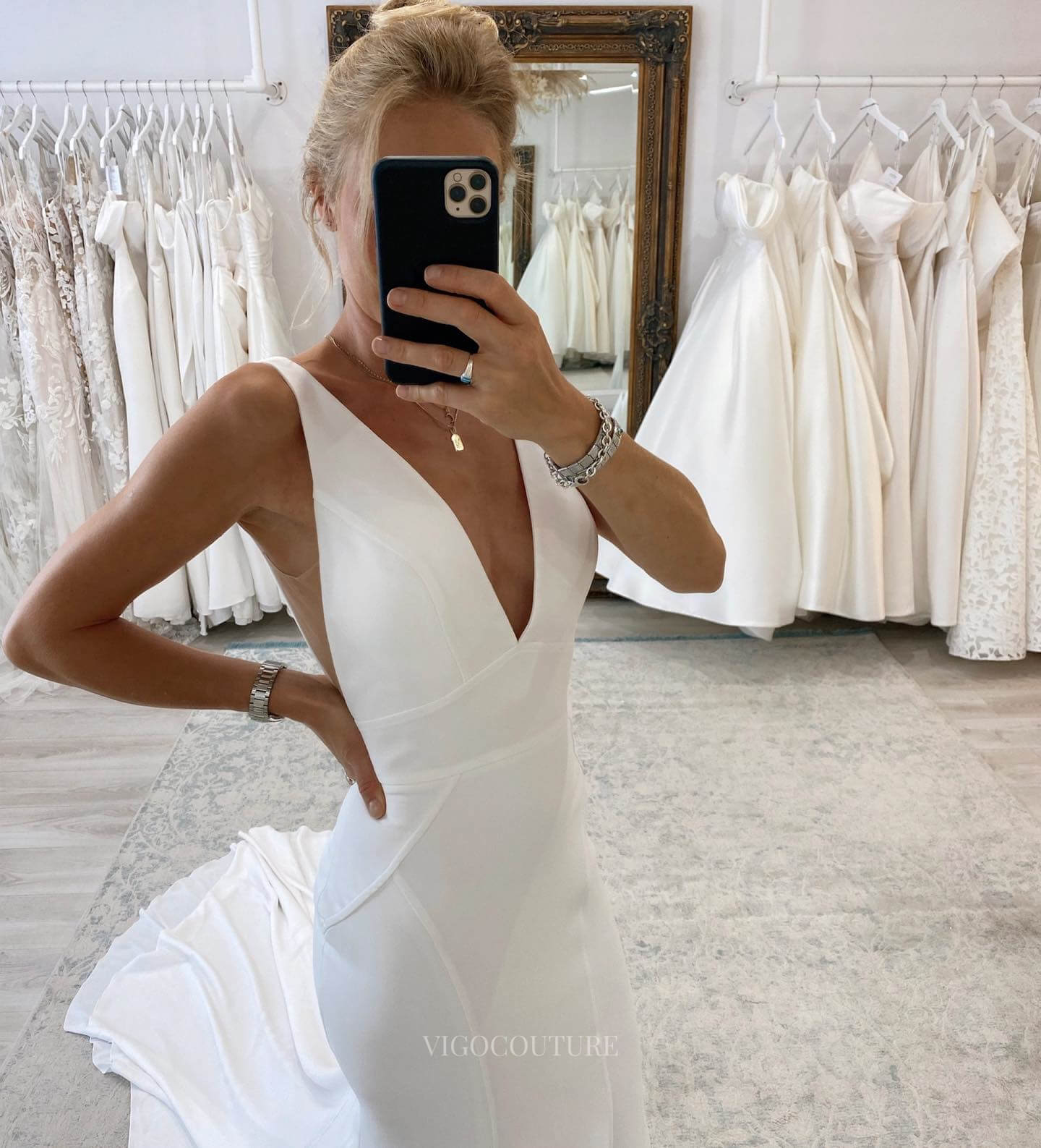 Ivory V-Neck Mermaid Satin Wedding Dress with Chapel Train Open Back Bridal Gown W0119-Wedding Dresses-vigocouture-Ivory-US2-vigocouture