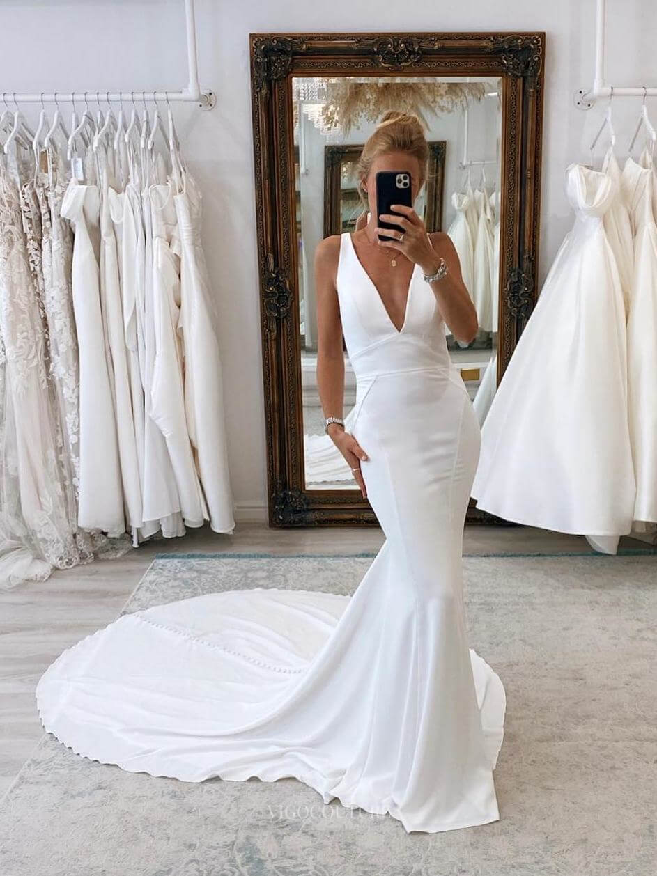 Ivory V-Neck Mermaid Satin Wedding Dress with Chapel Train Open Back Bridal Gown W0119-Wedding Dresses-vigocouture-Ivory-US2-vigocouture