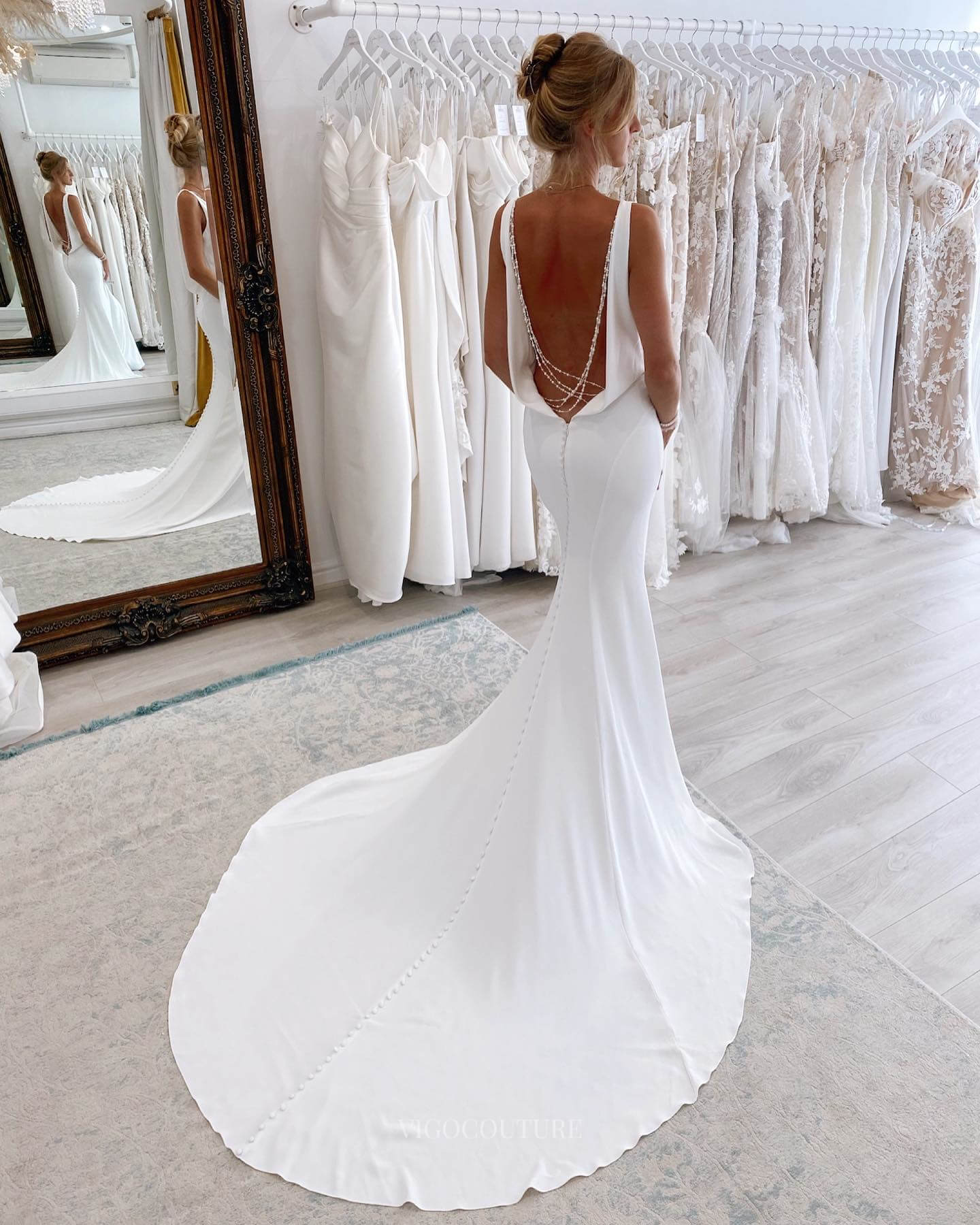 Ivory V-Neck Mermaid Wedding Dress with Chapel Train Open Back Bridal Gown W0109-Wedding Dresses-vigocouture-Ivory-US2-vigocouture