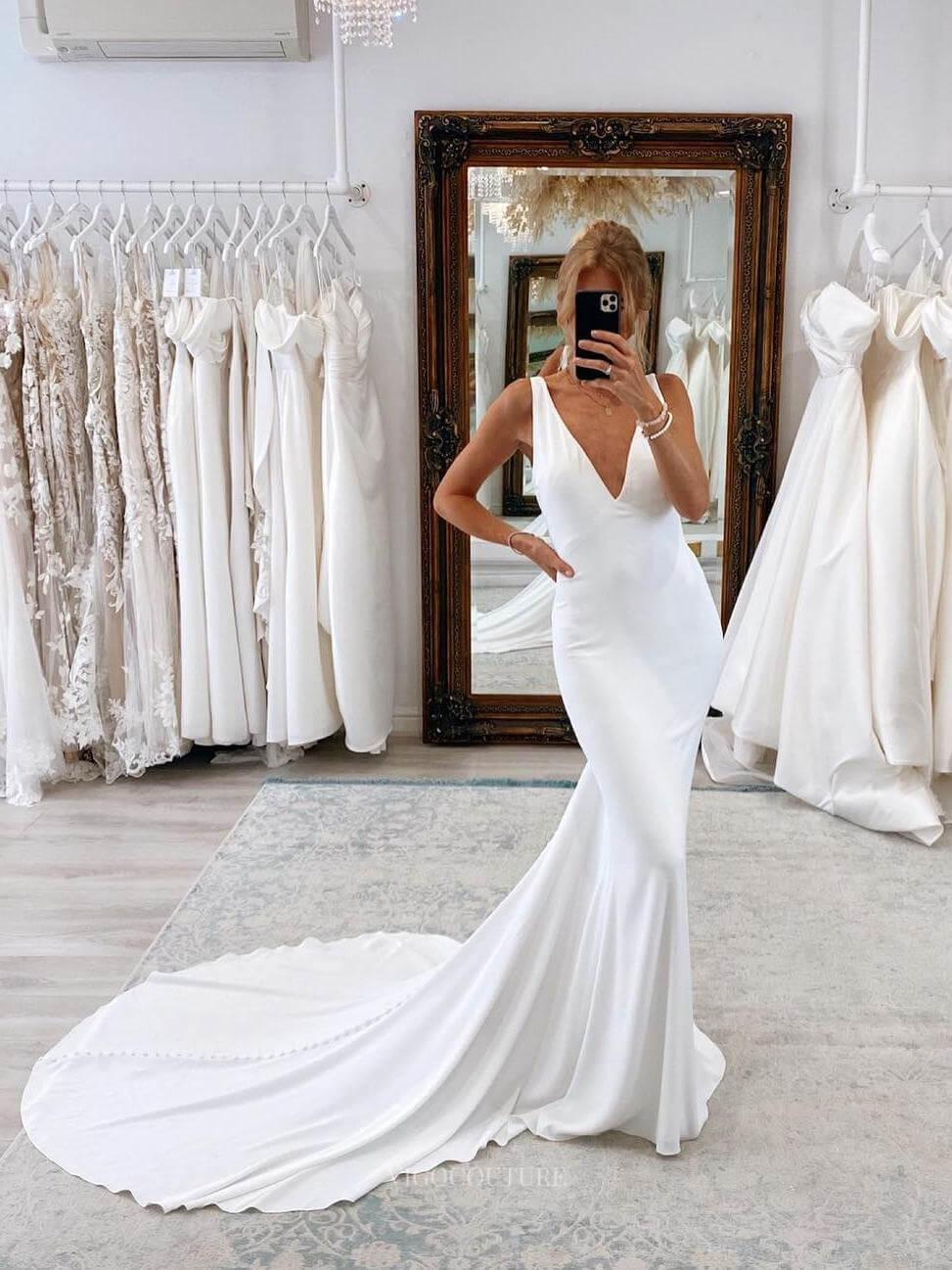 Ivory V-Neck Mermaid Wedding Dress with Chapel Train Open Back Bridal Gown W0109-Wedding Dresses-vigocouture-Ivory-US2-vigocouture