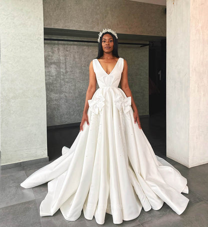 Ivory V-Neck Satin Wedding Dress Bow Tie Pearl Outdoor Bridal Gown W0145 Ivory / US4 Ivory V-Neck Satin Wedding Dress Bow Tie Pearl Outdoor Bridal Gown W0145 Ivory / US4
