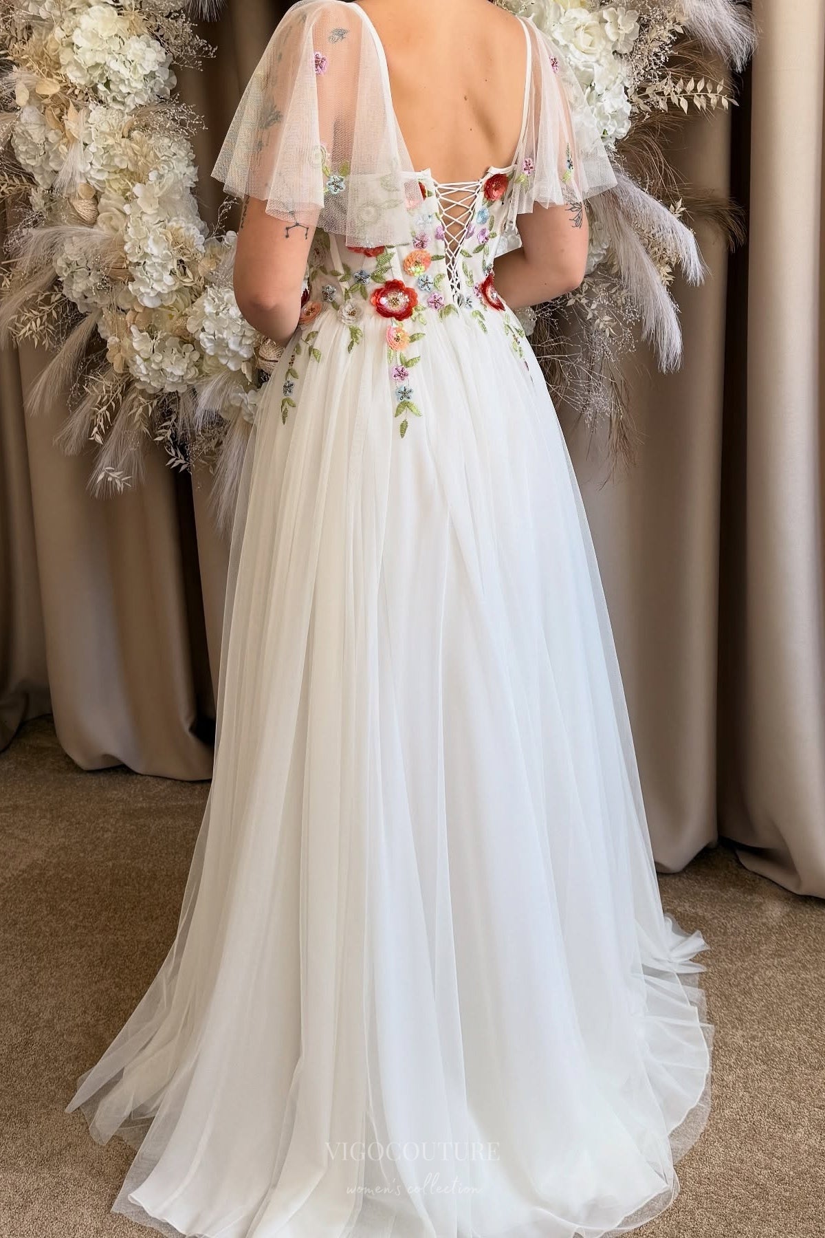 Wedding Dresses 2025 to impress Ivory Wildflower Wedding Dress with Flutter Sleeves, 3D Petal Appliqués, Sheer Corset Bodice, Slit – W2370-vigocouture-vigocouture