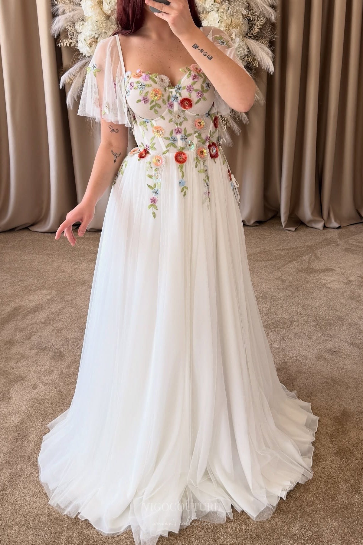 Wedding Dresses 2025 to impress Ivory Wildflower Wedding Dress with Flutter Sleeves, 3D Petal Appliqués, Sheer Corset Bodice, Slit – W2370-vigocouture-vigocouture