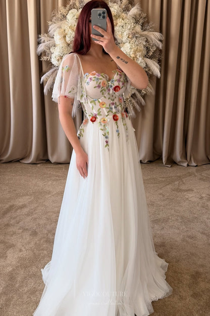 Wedding Dresses 2025 to impress Ivory Wildflower Wedding Dress with Flutter Sleeves, 3D Petal Appliqués, Sheer Corset Bodice, Slit – W2370-vigocouture-vigocouture