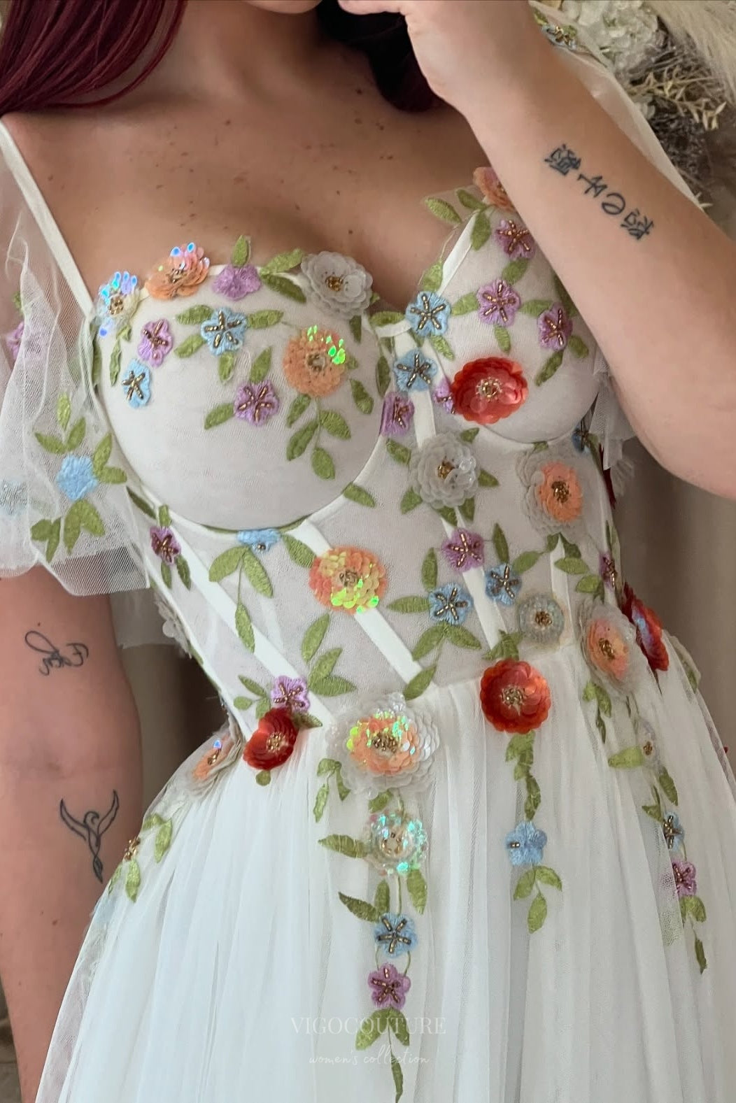 Wedding Dresses 2025 to impress Ivory Wildflower Wedding Dress with Flutter Sleeves, 3D Petal Appliqués, Sheer Corset Bodice, Slit – W2370-vigocouture-vigocouture