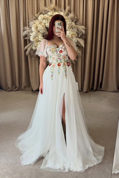 Ivory Wildflower Wedding Dress with Flutter Sleeves, 3D Petal Appliqués, Sheer Corset Bodice, Slit – W2370