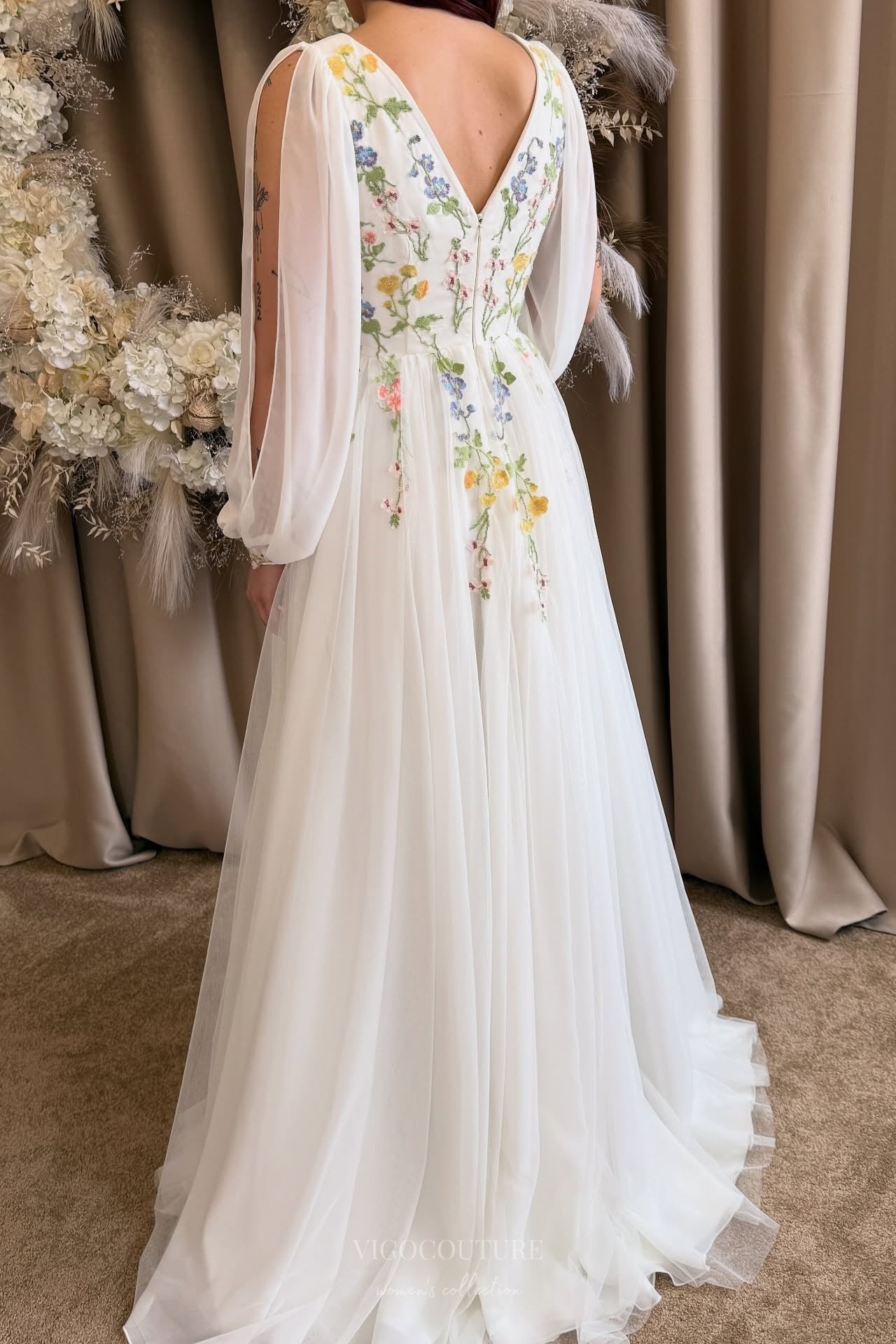 Wedding Dresses 2025 to impress Ivory Wildflower Wedding Dress with V-Neckline, Long Sheer Sleeves, Soft Floral Embroidery & Slit – W2372-vigocouture-vigocouture