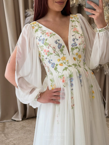 Wedding Dresses 2025 to impress Ivory Wildflower Wedding Dress with V-Neckline, Long Sheer Sleeves, Soft Floral Embroidery & Slit – W2372-vigocouture-vigocouture