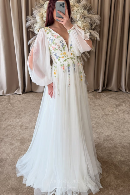 Wedding Dresses 2025 to impress Ivory Wildflower Wedding Dress with V-Neckline, Long Sheer Sleeves, Soft Floral Embroidery & Slit – W2372-vigocouture-vigocouture