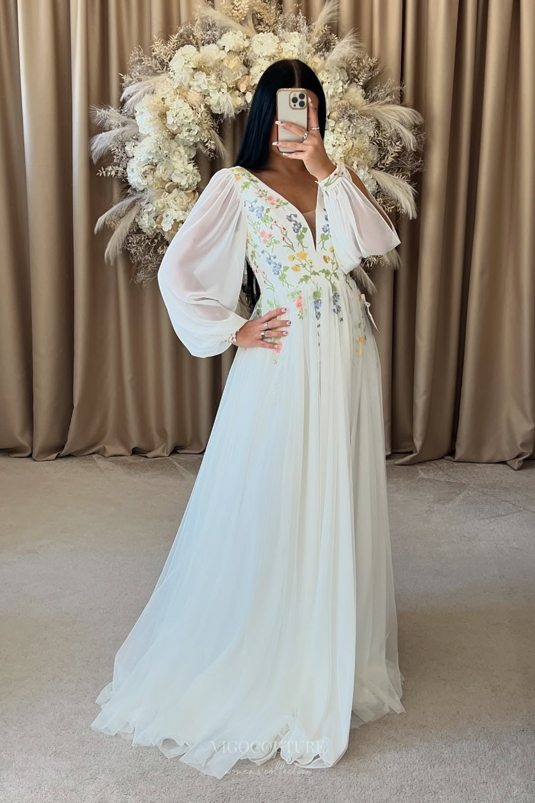 Wedding Dresses 2025 to impress Ivory Wildflower Wedding Dress with V-Neckline, Long Sheer Sleeves, Soft Floral Embroidery & Slit – W2372-vigocouture-vigocouture