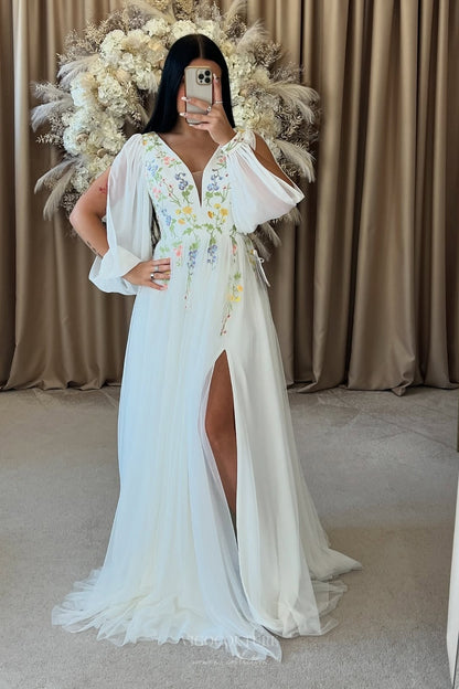 Wedding Dresses 2025 to impress Ivory Wildflower Wedding Dress with V-Neckline, Long Sheer Sleeves, Soft Floral Embroidery & Slit – W2372-vigocouture-vigocouture