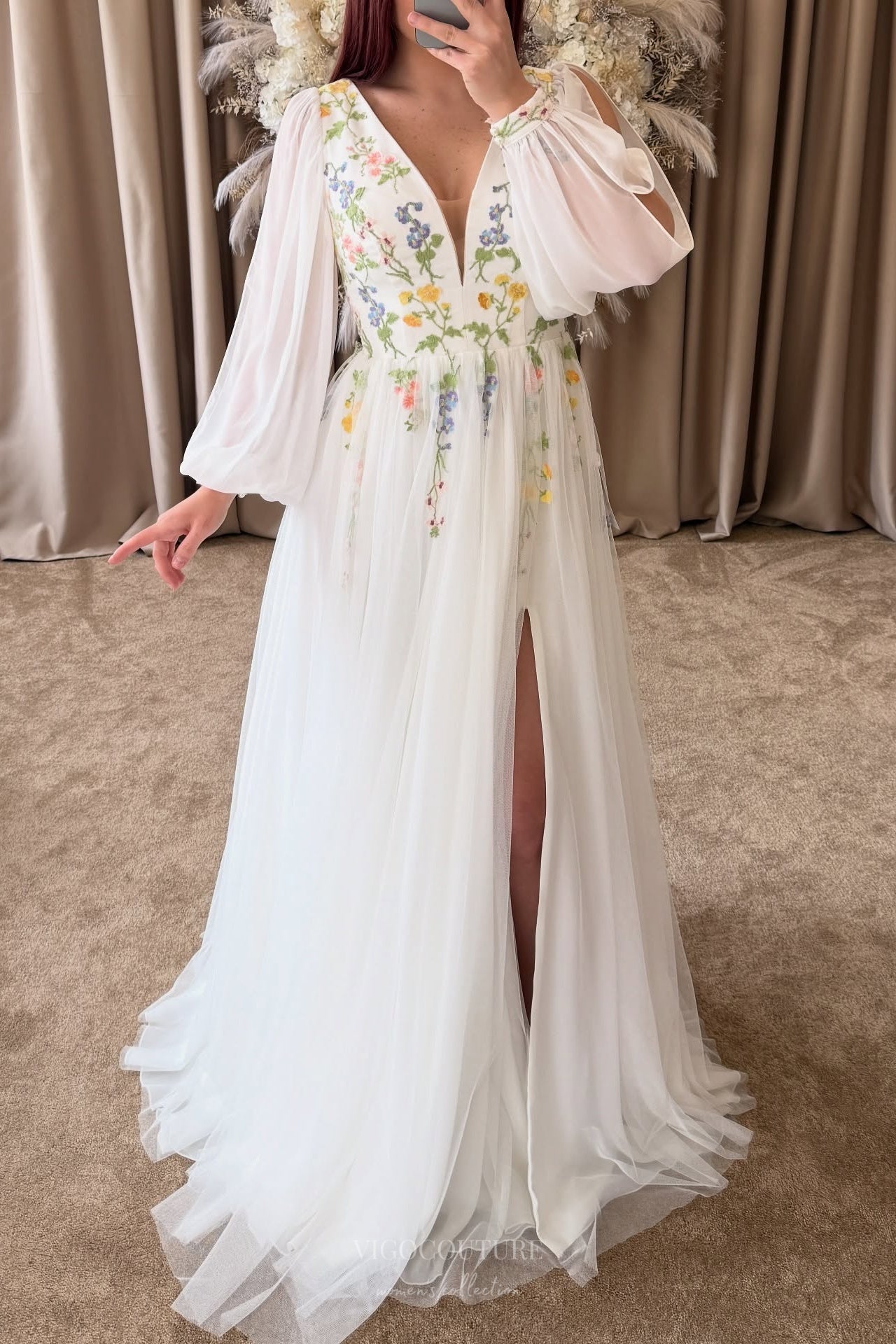 Ivory Wildflower Wedding Dress with V-Neckline, Long Sheer Sleeves, Soft Floral Embroidery & Slit – W2372