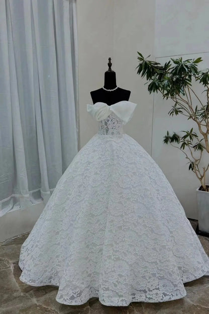 Wedding Dresses 2025 to impress Lace Ball Gown Wedding Dress with Oversized Organza Bow and Off-Shoulder Neckline – RD019-vigocouture-vigocouture