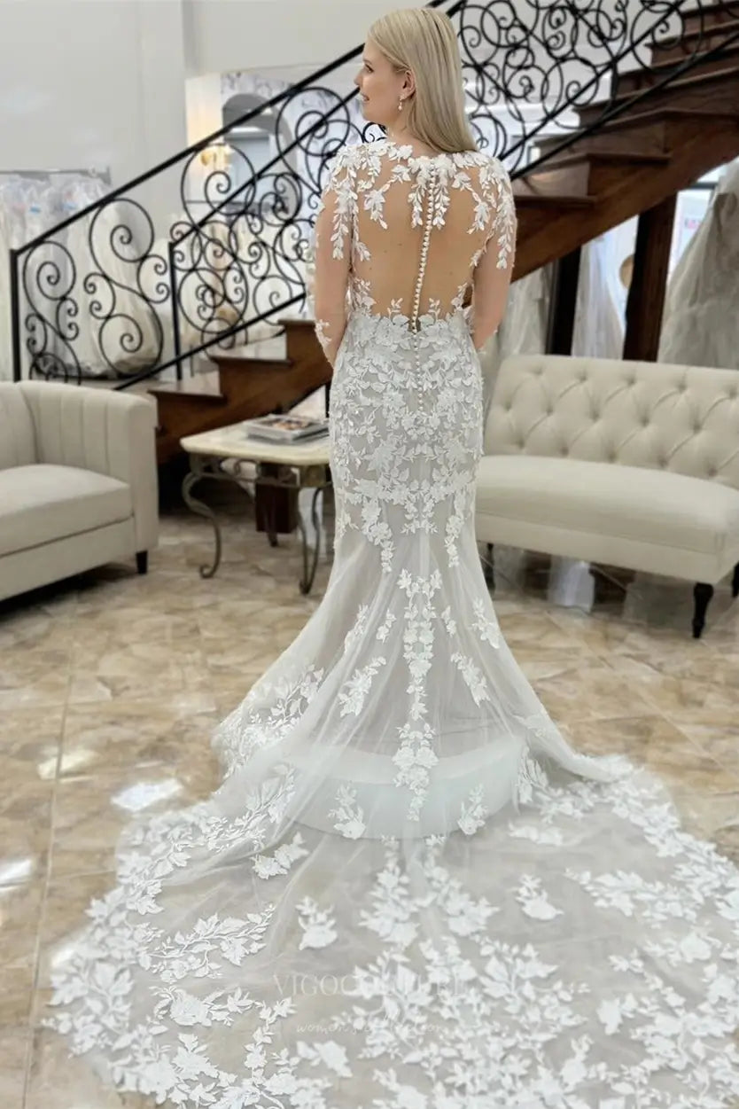 Wedding Dresses 2025 to impress Lace Mermaid Wedding Dress with Long Sleeves, Illusion Back, and Pearl Button Closure – W2365-vigocouture-vigocouture