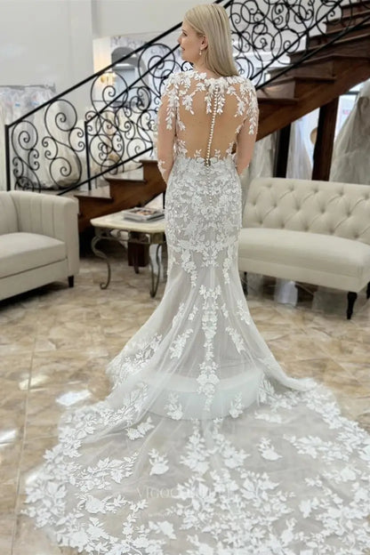 Wedding Dresses 2025 to impress Lace Mermaid Wedding Dress with Long Sleeves, Illusion Back, and Pearl Button Closure – W2365-vigocouture-vigocouture