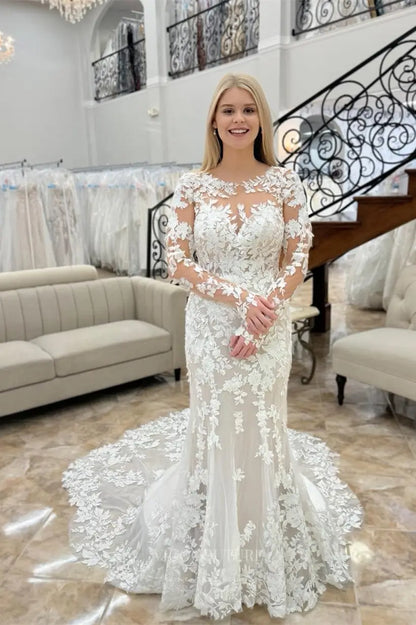 Lace Mermaid Wedding Dress with Long Sleeves, Illusion Back, and Pearl Button Closure – W2365