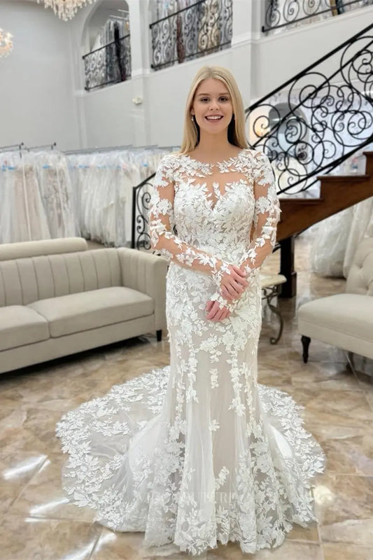 Lace Mermaid Wedding Dress with Long Sleeves, Illusion Back, and Pearl Button Closure – W2365