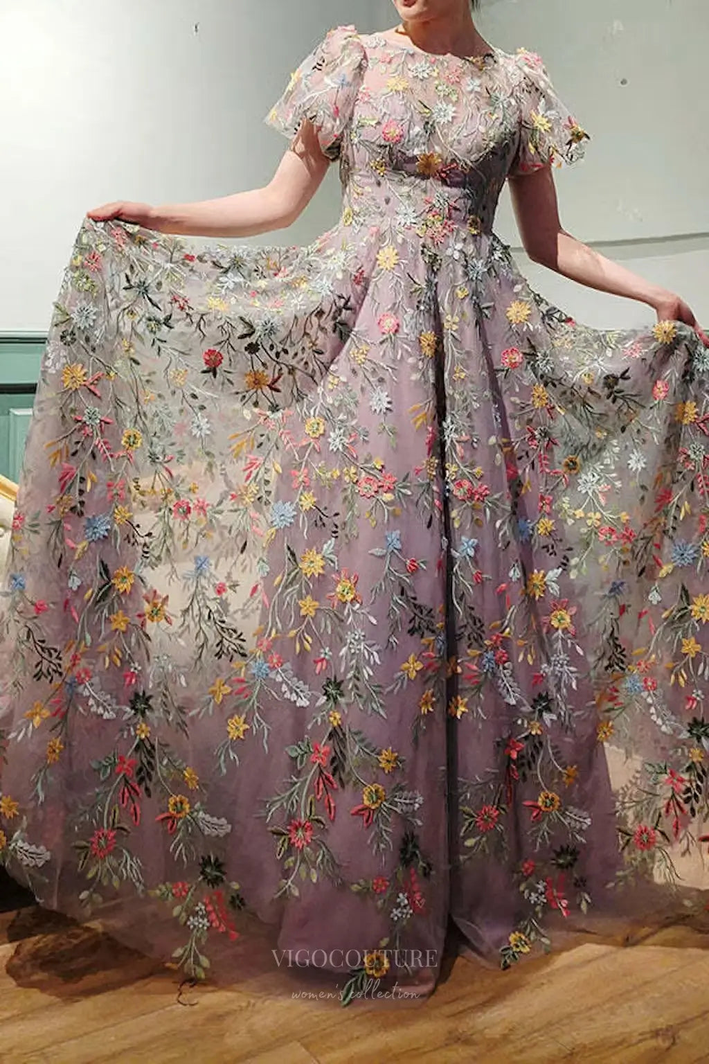 Wedding Dresses 2025 to impress Lavender Meadow Flower Whimsical Wedding Dress with Flutter Sleeves and Sheer Floral Overlay – W2238-vigocouture-vigocouture