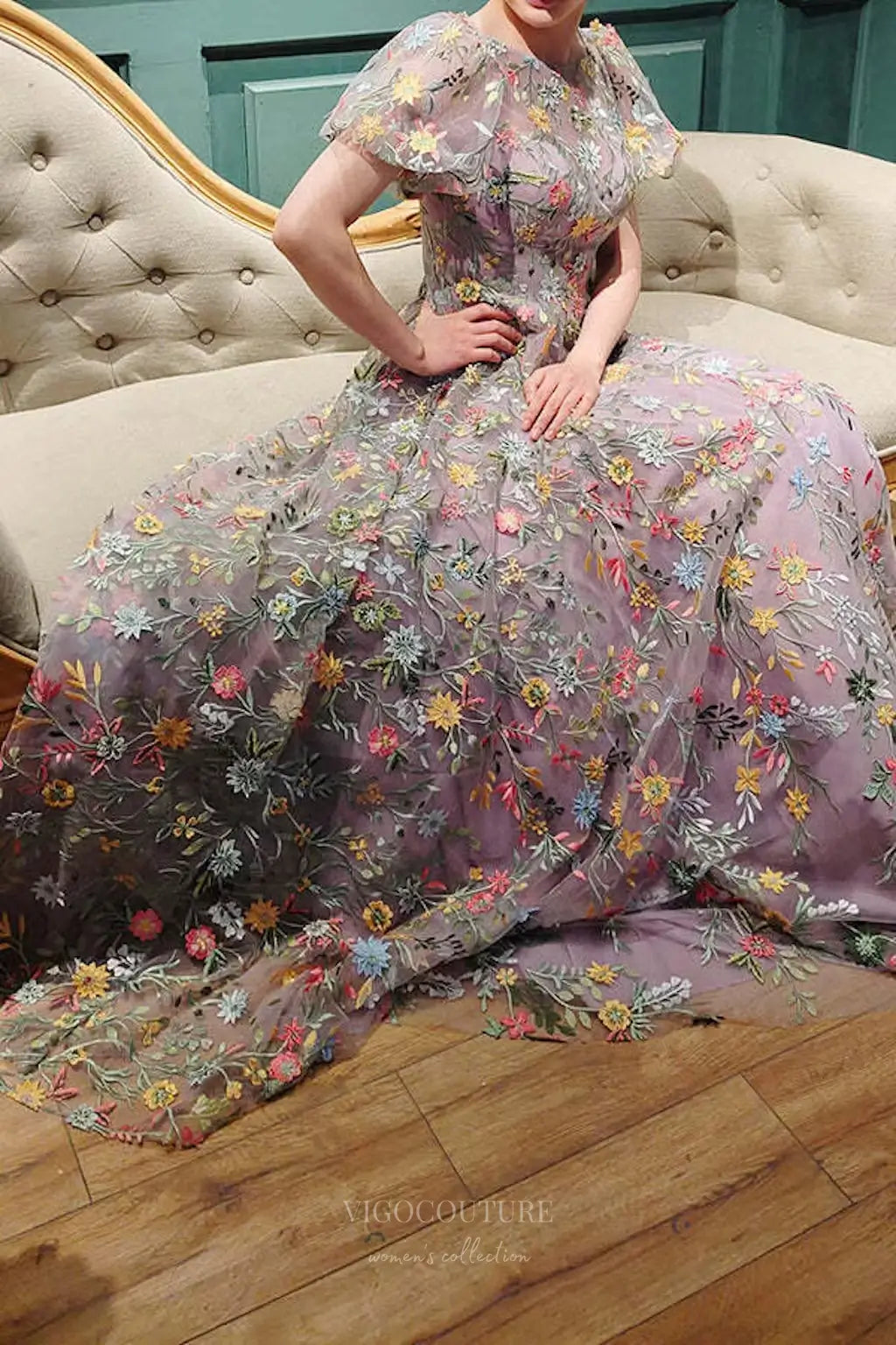 Wedding Dresses 2025 to impress Lavender Meadow Flower Whimsical Wedding Dress with Flutter Sleeves and Sheer Floral Overlay – W2238-vigocouture-vigocouture