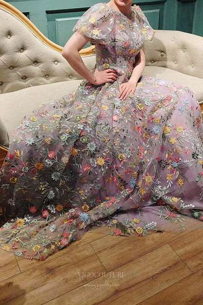 Wedding Dresses 2025 to impress Lavender Meadow Flower Whimsical Wedding Dress with Flutter Sleeves and Sheer Floral Overlay – W2238-vigocouture-vigocouture