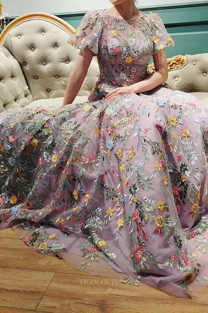 Wedding Dresses 2025 to impress Lavender Meadow Flower Whimsical Wedding Dress with Flutter Sleeves and Sheer Floral Overlay – W2238-vigocouture-vigocouture