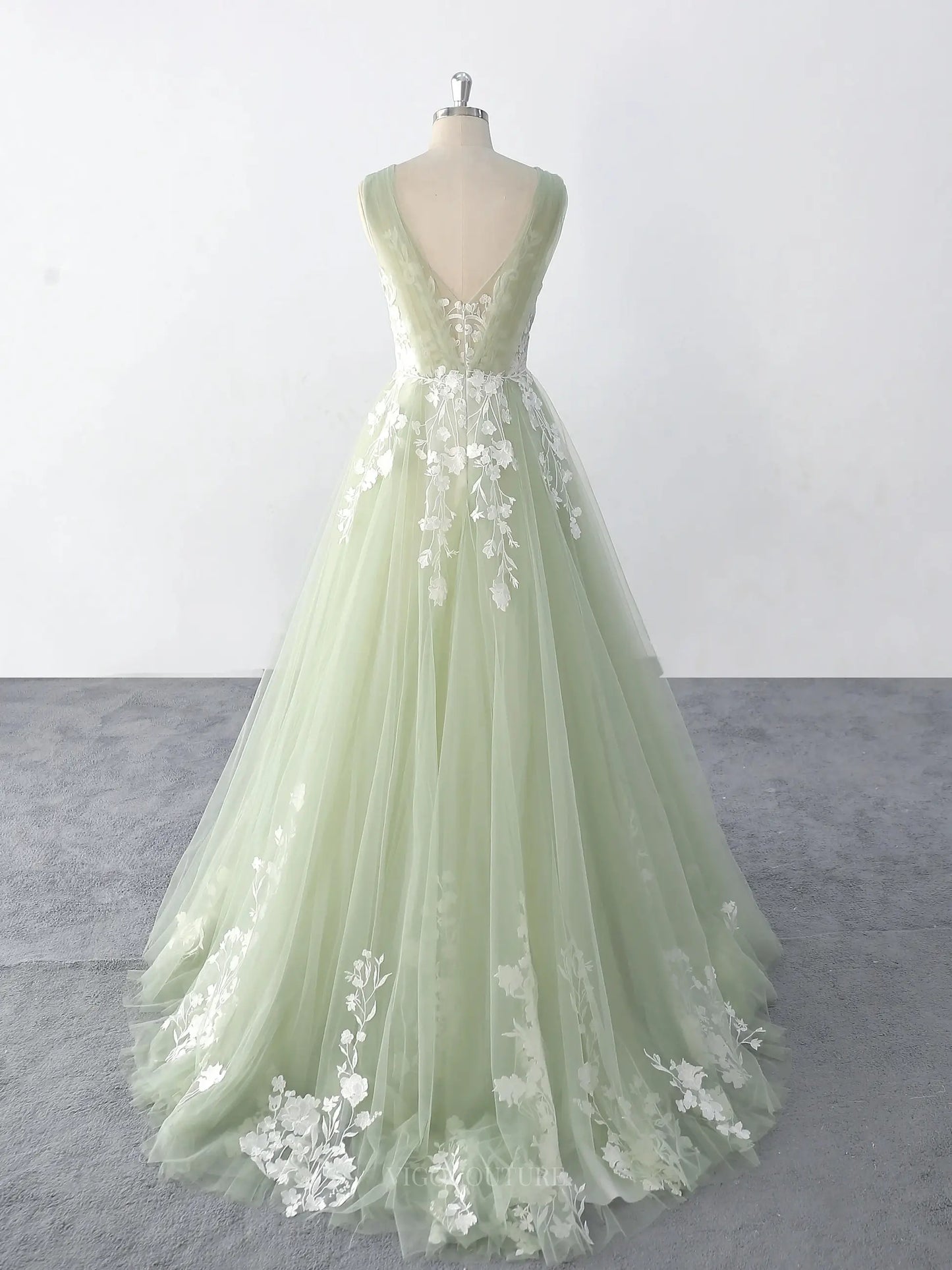 Wedding Dresses 2025 to impress Light Green Sheer Tulle Lace Wedding Dresses with V-Neck, Sweep Train & Open Back - MQ008-vigocouture-vigocouture