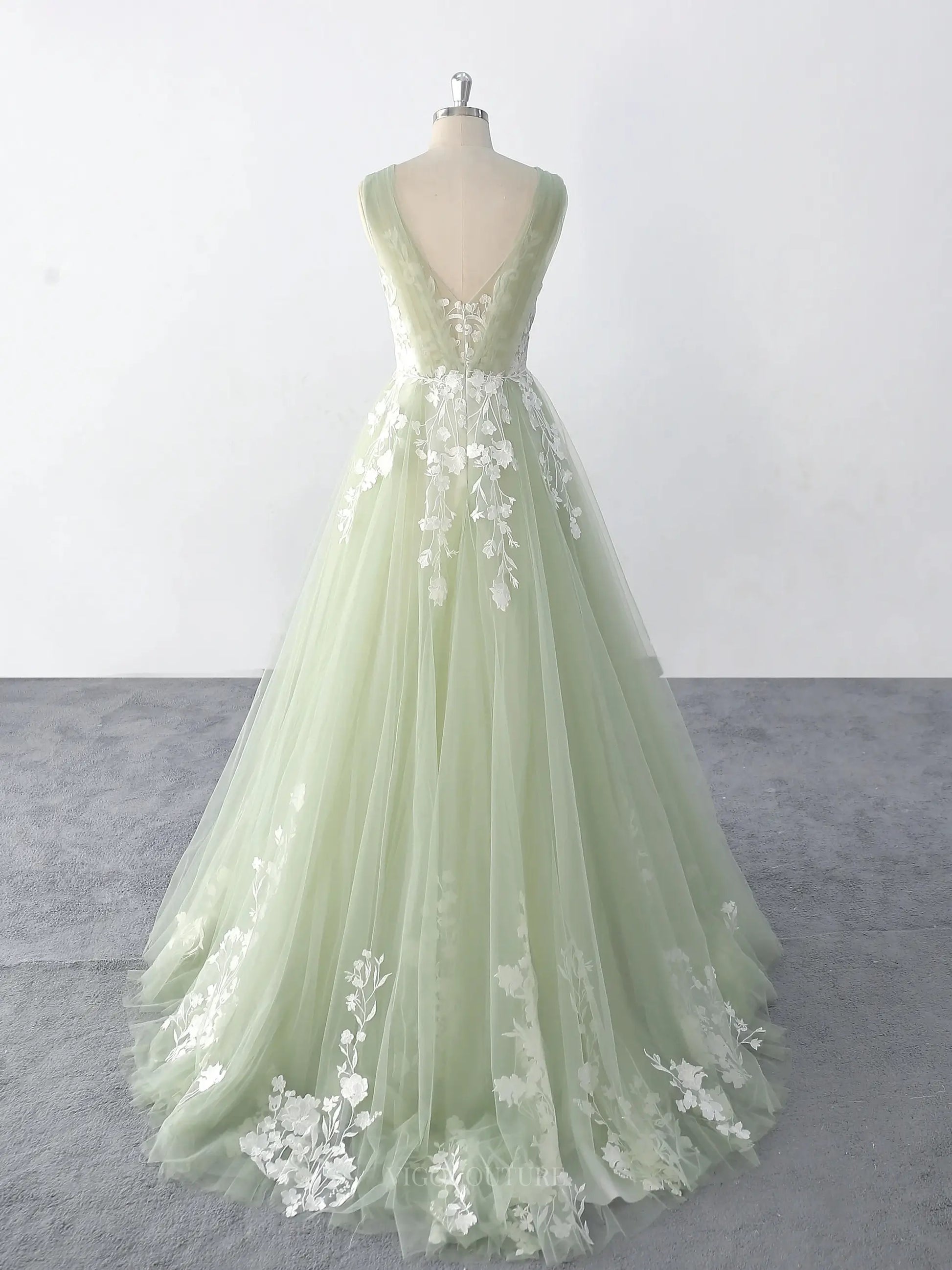 Wedding Dresses 2025 to impress Light Green Sheer Tulle Lace Wedding Dresses with V-Neck, Sweep Train & Open Back - MQ008-vigocouture-vigocouture