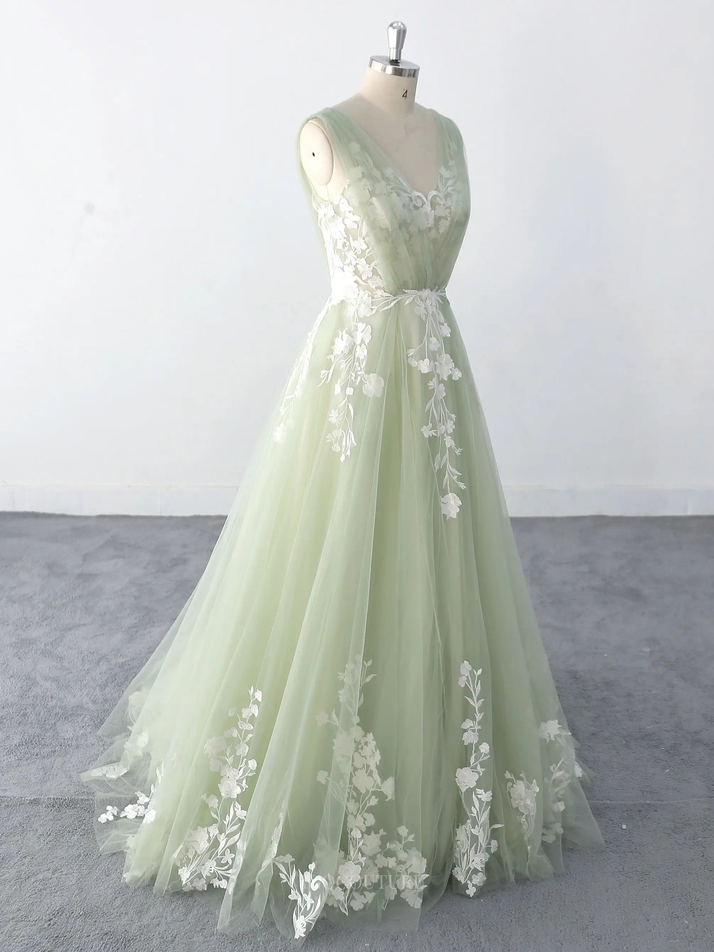 Wedding Dresses 2025 to impress Light Green Sheer Tulle Lace Wedding Dresses with V-Neck, Sweep Train & Open Back - MQ008-vigocouture-vigocouture