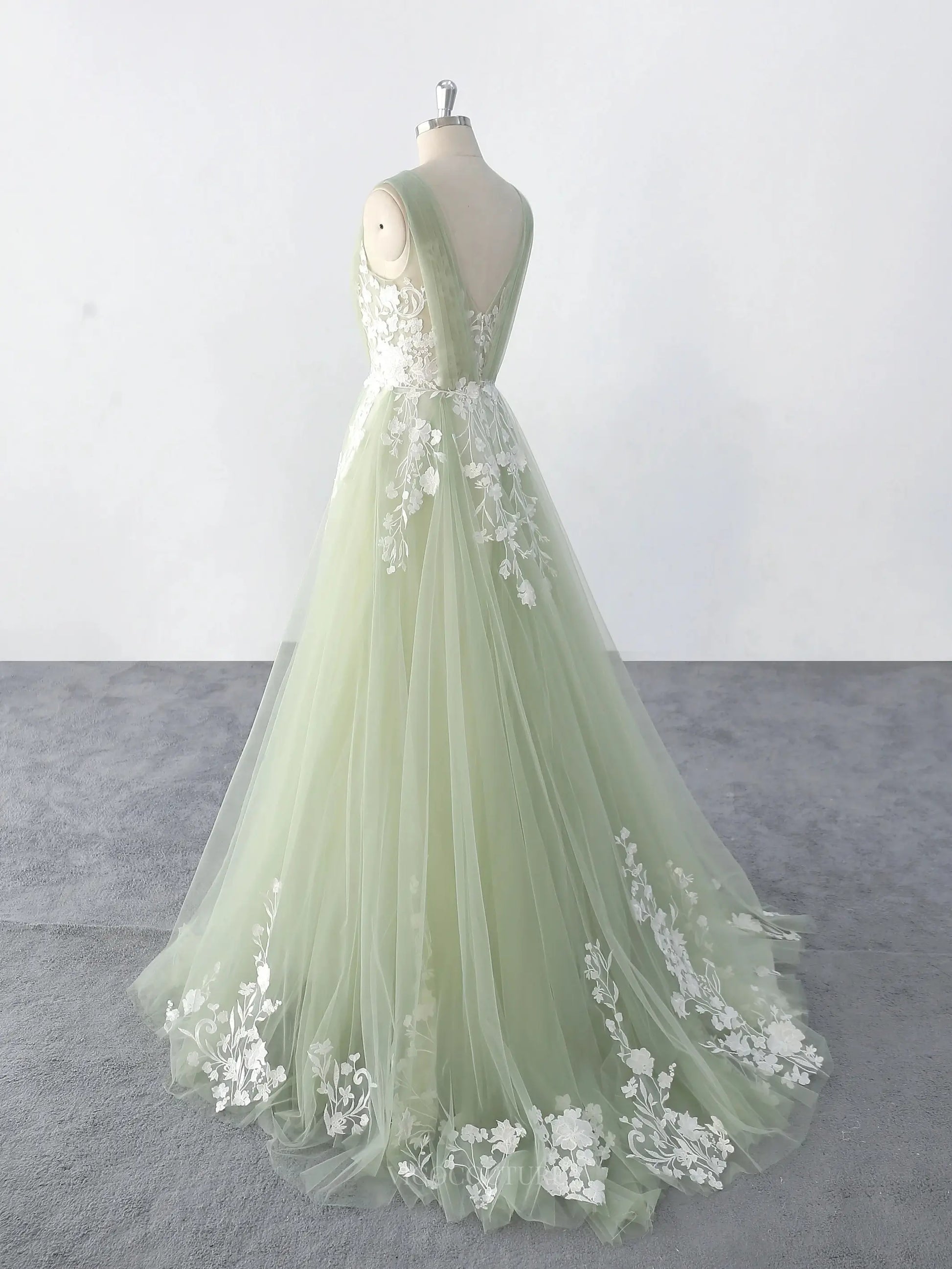 Wedding Dresses 2025 to impress Light Green Sheer Tulle Lace Wedding Dresses with V-Neck, Sweep Train & Open Back - MQ008-vigocouture-vigocouture