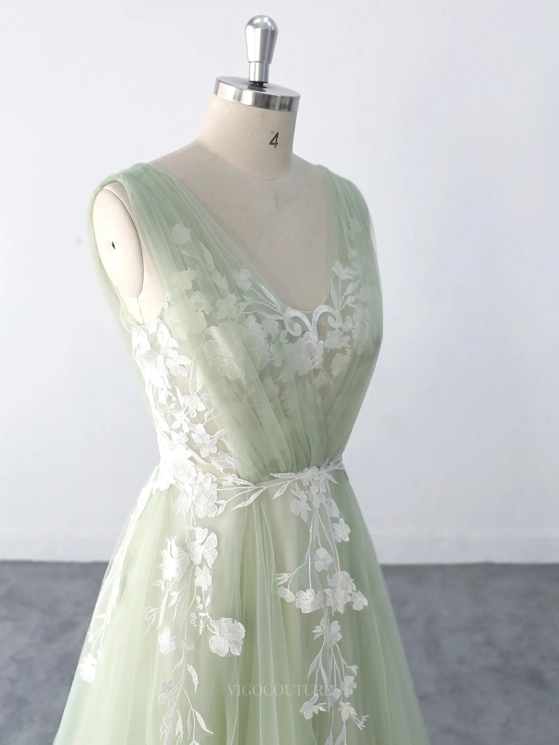 Wedding Dresses 2025 to impress Light Green Sheer Tulle Lace Wedding Dresses with V-Neck, Sweep Train & Open Back - MQ008-vigocouture-vigocouture