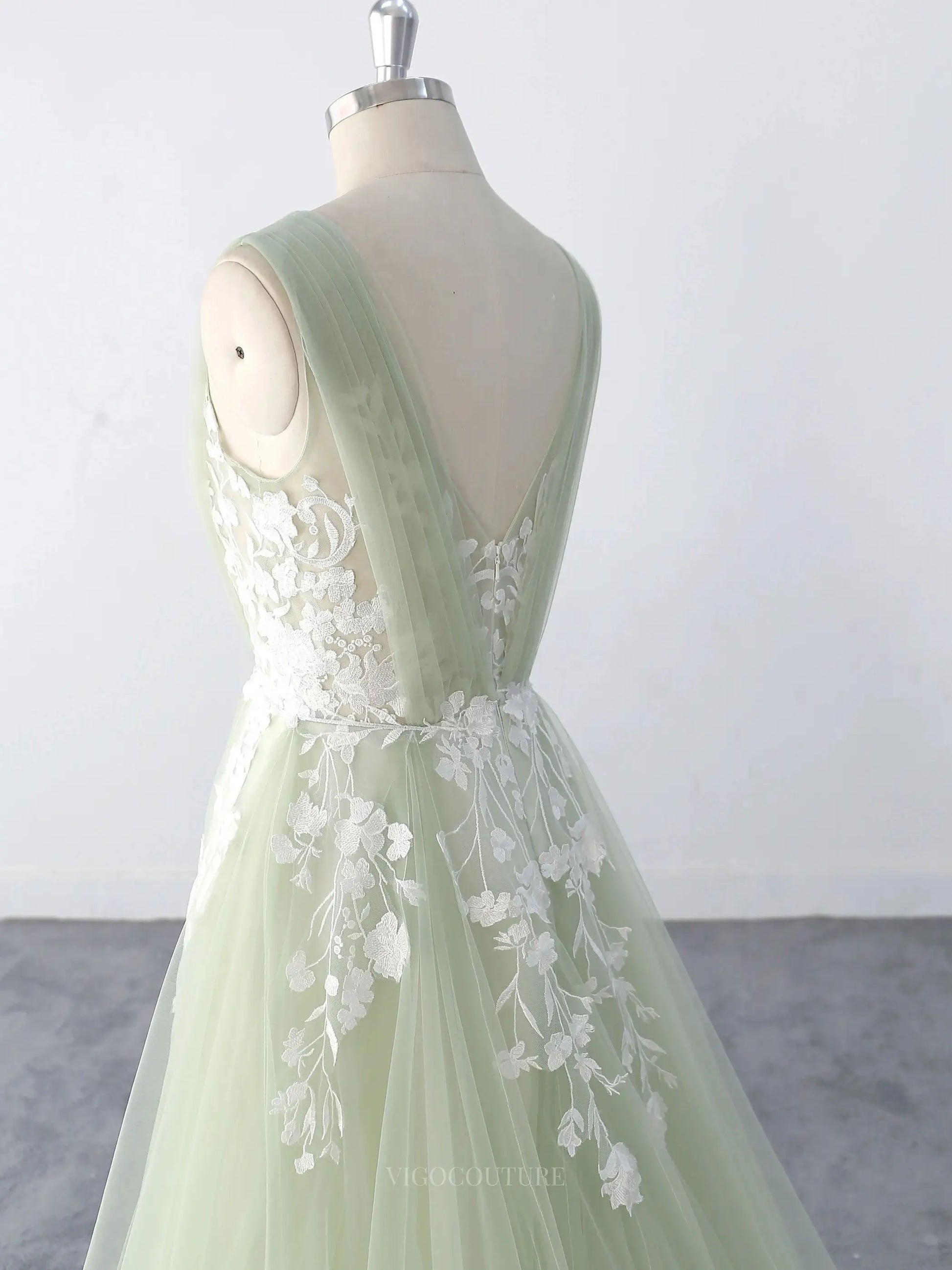 Wedding Dresses 2025 to impress Light Green Sheer Tulle Lace Wedding Dresses with V-Neck, Sweep Train & Open Back - MQ008-vigocouture-vigocouture