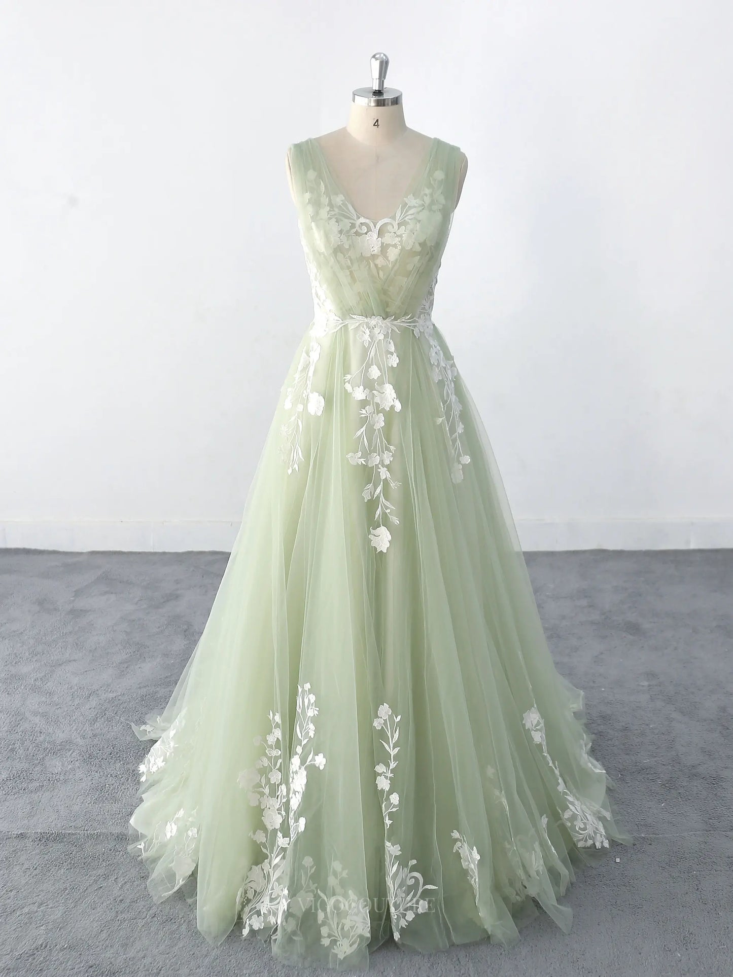 Wedding Dresses 2025 to impress Light Green Sheer Tulle Lace Wedding Dresses with V-Neck, Sweep Train & Open Back - MQ008-vigocouture-Green-Custom Size-vigocouture